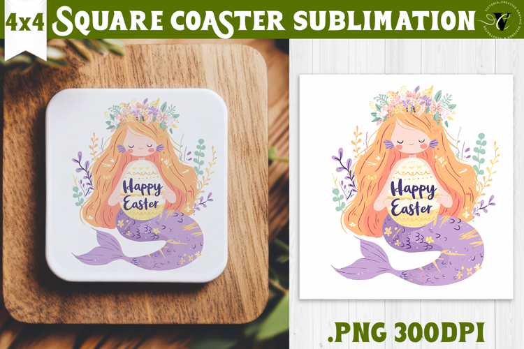 Easter Square Coaster | Watercolor Mermaid | Happy Easter