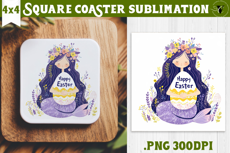 Easter Square Coaster | Watercolor Mermaid | Happy Easter