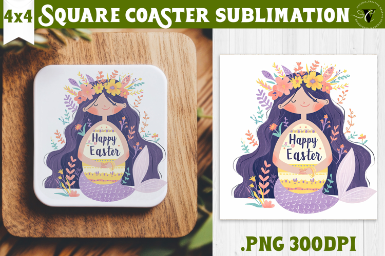 Easter Square Coaster | Watercolor Mermaid | Happy Easter