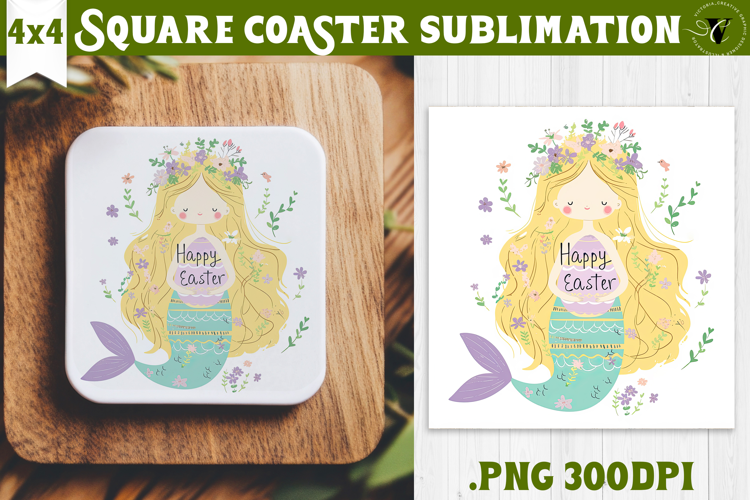 Easter Square Coaster | Watercolor Mermaid | Happy Easter