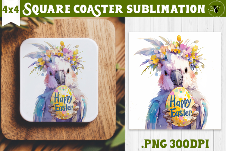 Easter Square Coaster | Watercolor Parrot | Happy Easter