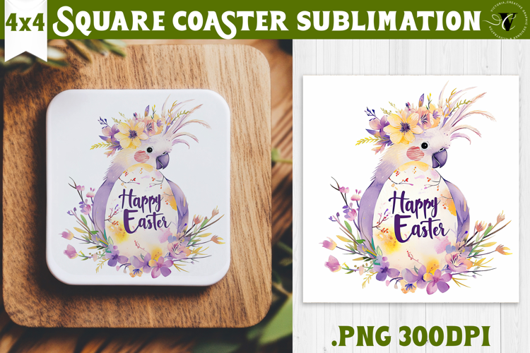 Easter Square Coaster | Watercolor Parrot | Happy Easter