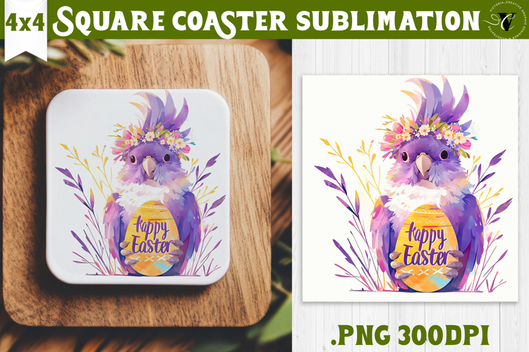 Easter Square Coaster | Watercolor Parrot | Happy Easter