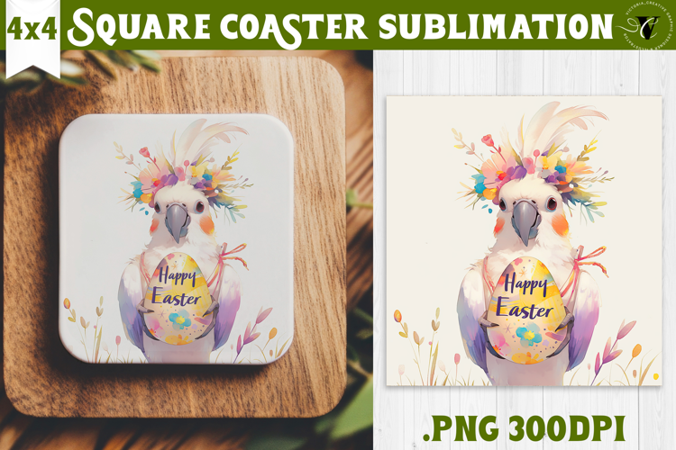 Easter Square Coaster | Watercolor Parrot | Happy Easter