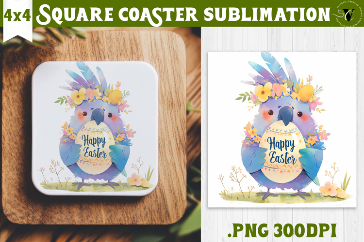 Easter Square Coaster | Watercolor Parrot | Happy Easter
