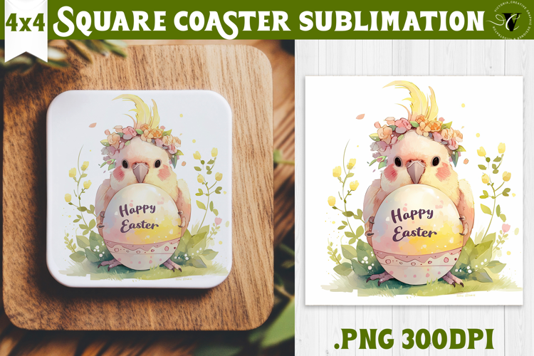 Easter Square Coaster | Watercolor Parrot | Happy Easter