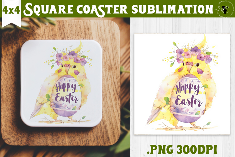 Easter Square Coaster | Watercolor Parrot | Happy Easter