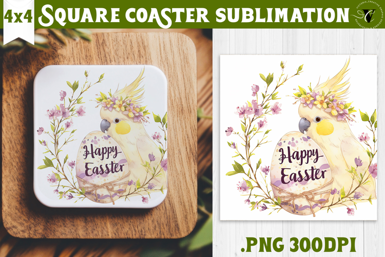 Easter Square Coaster | Watercolor Parrot | Happy Easter