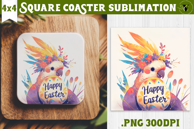 Easter Square Coaster | Watercolor Parrot | Happy Easter