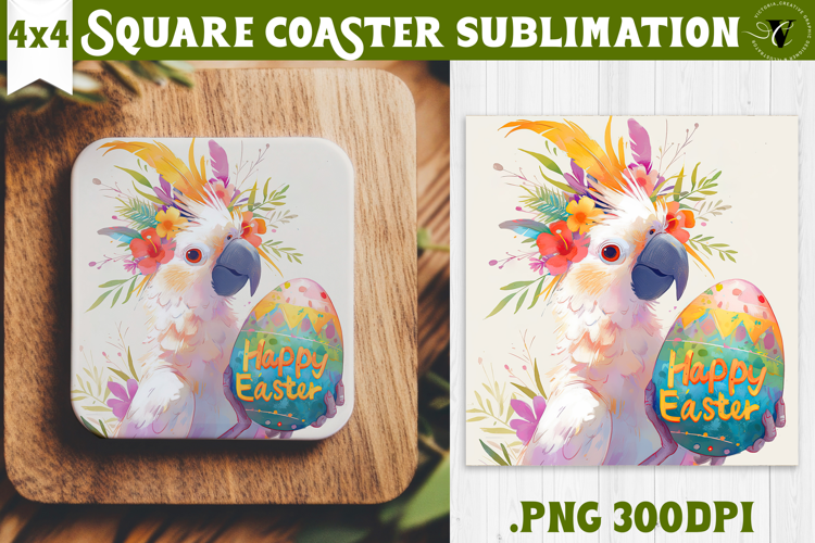 Easter Square Coaster | Watercolor Parrot | Happy Easter