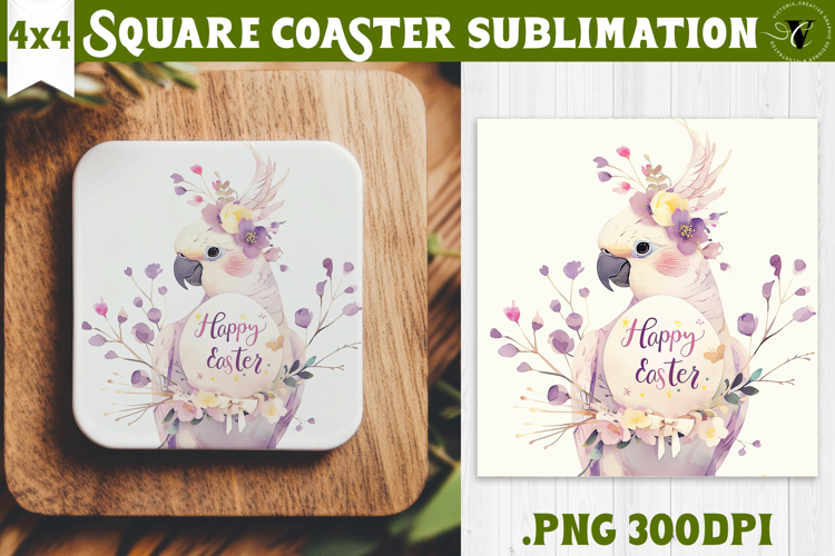 Easter Square Coaster | Watercolor Parrot | Happy Easter