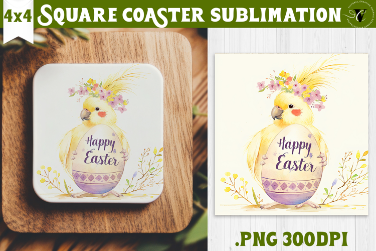 Easter Square Coaster | Watercolor Parrot | Happy Easter