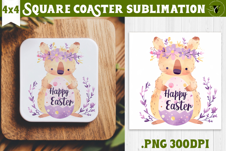 Easter Square Coaster | Watercolor Quokka | Happy Easter