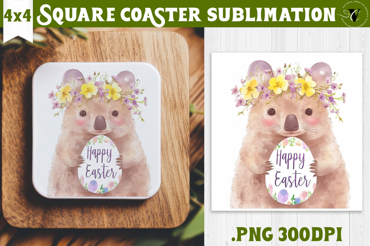 Easter Square Coaster | Watercolor Quokka | Happy Easter