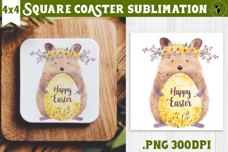 Easter Square Coaster | Watercolor Quokka | Happy Easter