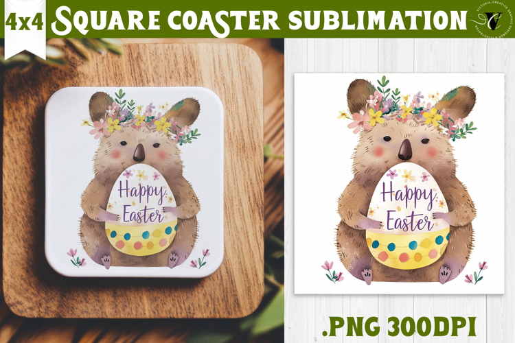 Easter Square Coaster | Watercolor Quokka | Happy Easter