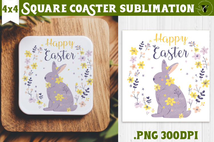 Easter Square Coaster | Watercolor Bunny | Happy Easter