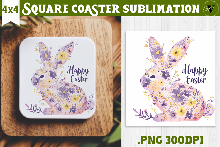 Easter Square Coaster | Watercolor Bunny | Happy Easter