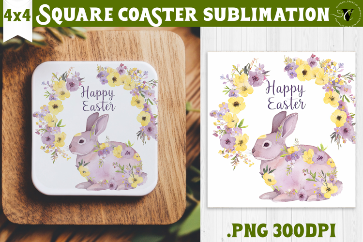 Easter Square Coaster | Watercolor Bunny | Happy Easter