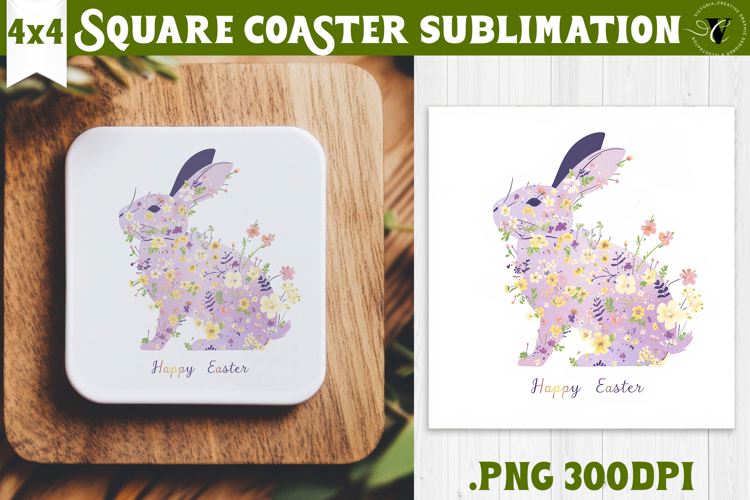 Easter Square Coaster | Watercolor Bunny | Happy Easter