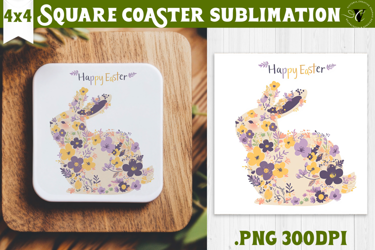 Easter Square Coaster | Watercolor Bunny | Happy Easter