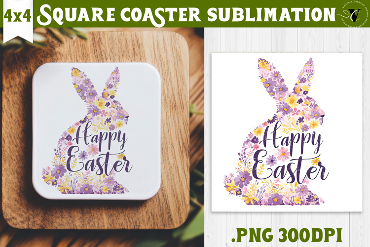 Easter Square Coaster | Watercolor Bunny | Happy Easter