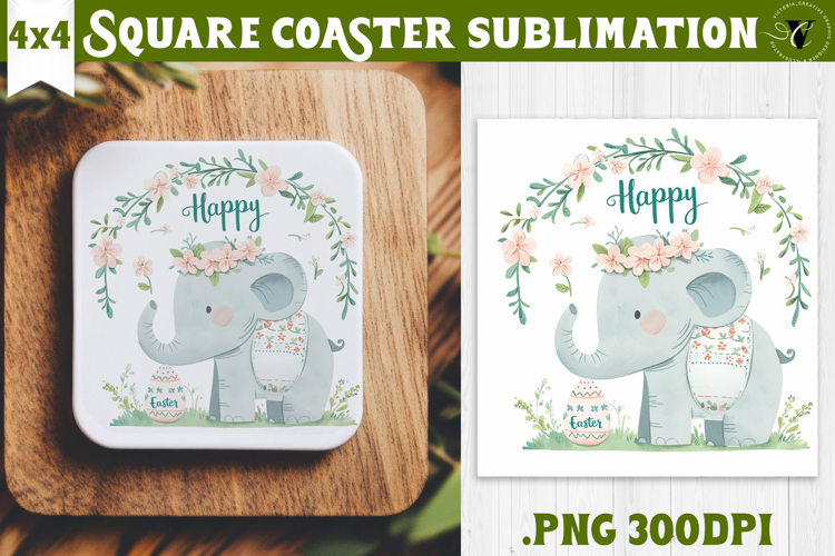 Easter Square Coaster | Watercolor Elephant | Happy Easter