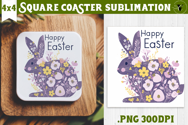 Easter Square Coaster | Watercolor Bunny | Happy Easter