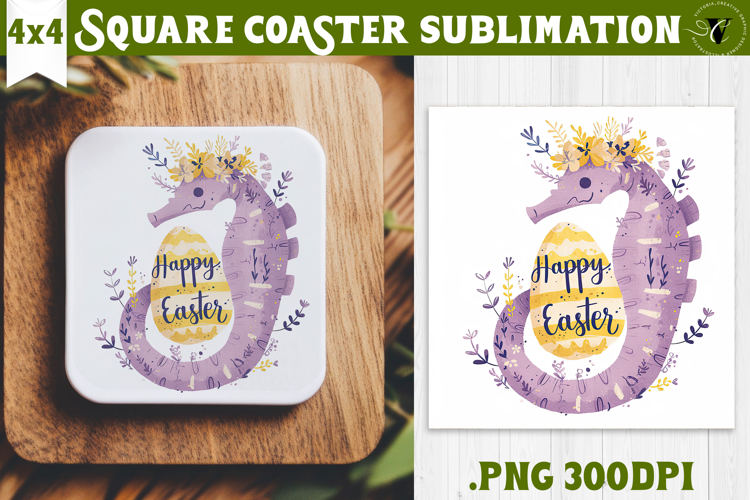 Easter Square Coaster | Watercolor Seahorse | Happy Easter