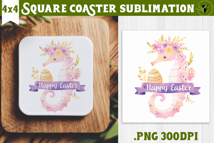 Easter Square Coaster | Watercolor Seahorse | Happy Easter