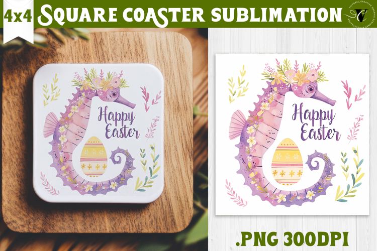 Easter Square Coaster | Watercolor Seahorse | Happy Easter