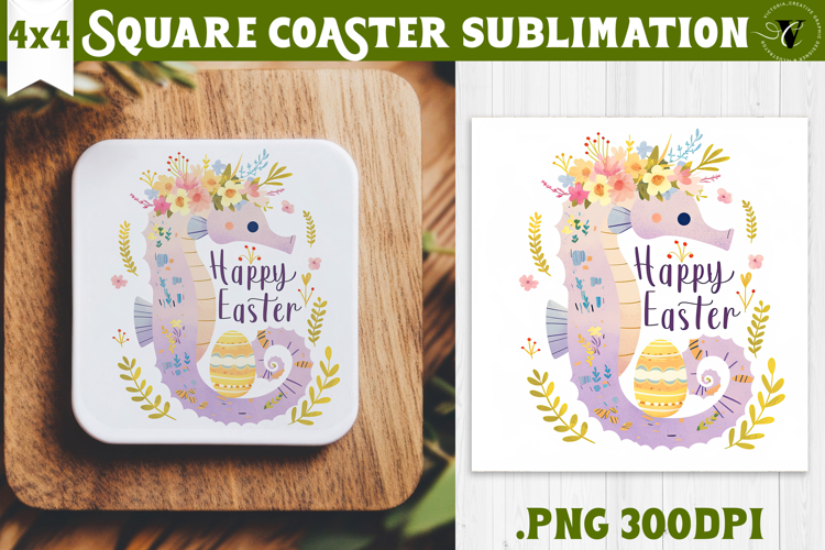 Easter Square Coaster | Watercolor Seahorse | Happy Easter