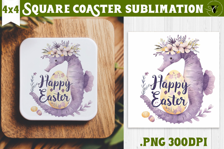 Easter Square Coaster | Watercolor Seahorse | Happy Easter