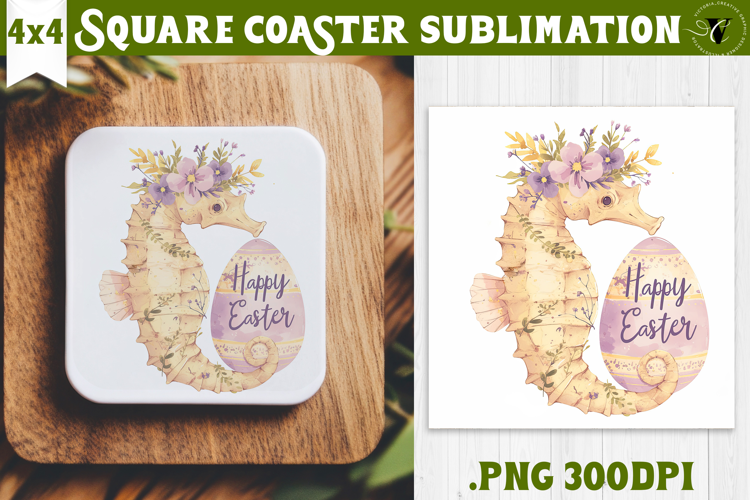 Easter Square Coaster | Watercolor Seahorse | Happy Easter