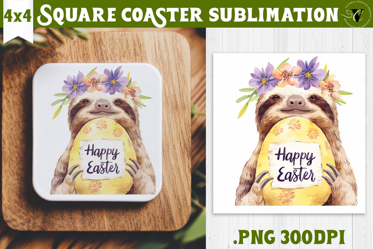 Easter Square Coaster | Watercolor Sloth | Happy Easter