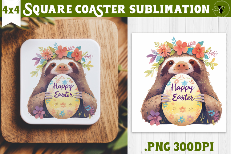 Easter Square Coaster | Watercolor Sloth | Happy Easter