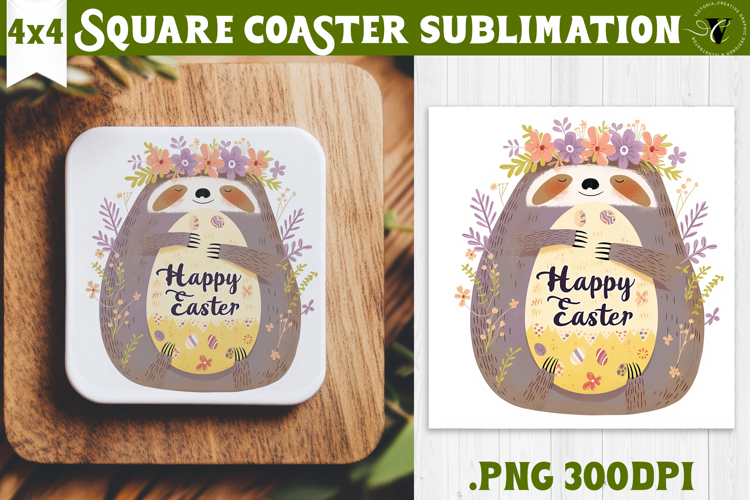 Easter Square Coaster | Watercolor Sloth | Happy Easter