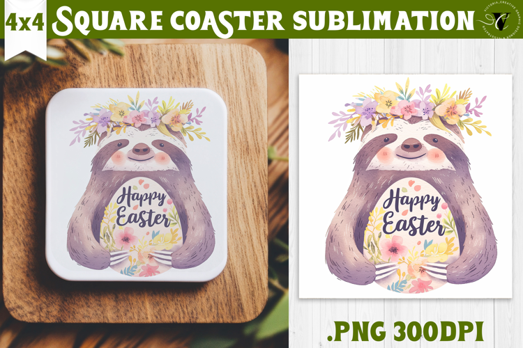Easter Square Coaster | Watercolor Sloth | Happy Easter