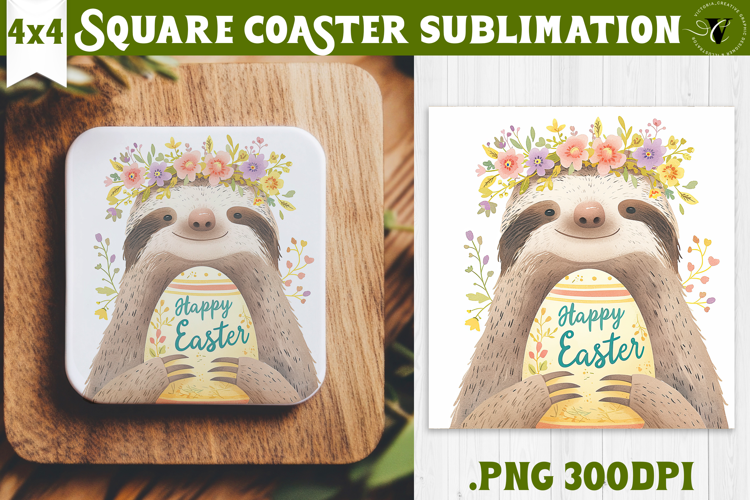 Easter Square Coaster | Watercolor Sloth | Happy Easter