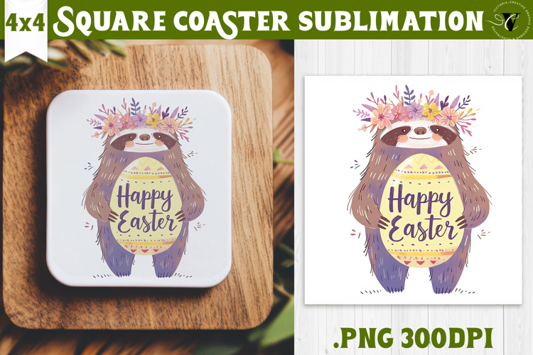 Easter Square Coaster | Watercolor Sloth | Happy Easter