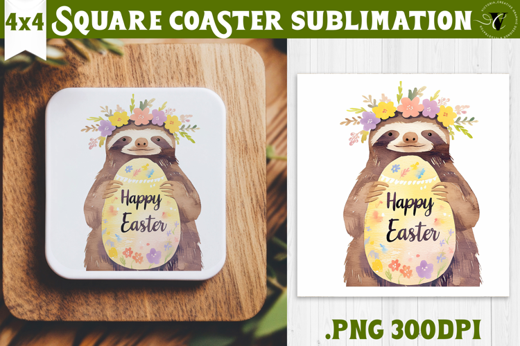 Easter Square Coaster | Watercolor Sloth | Happy Easter