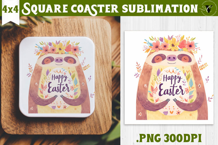Easter Square Coaster | Watercolor Sloth | Happy Easter