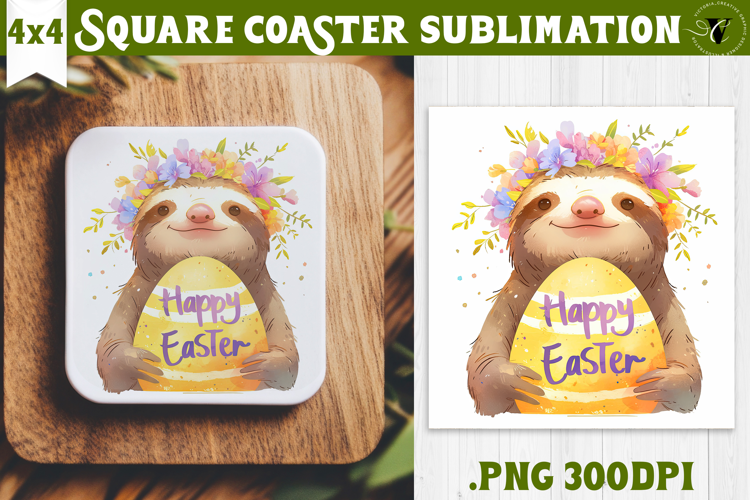 Easter Square Coaster | Watercolor Sloth | Happy Easter