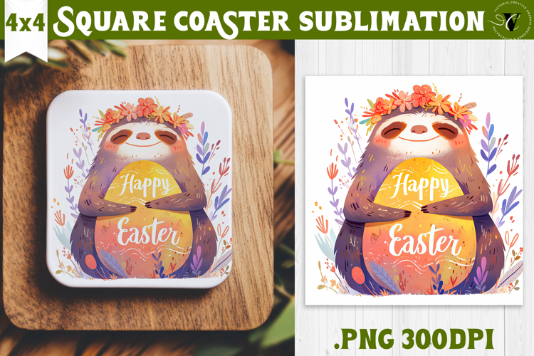 Easter Square Coaster | Watercolor Sloth | Happy Easter