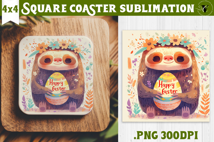 Easter Square Coaster | Watercolor Sloth | Happy Easter