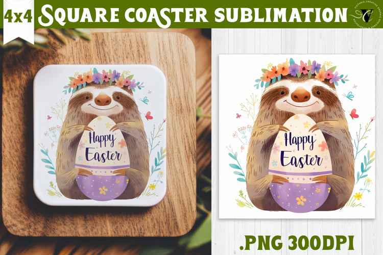 Easter Square Coaster | Watercolor Sloth | Happy Easter