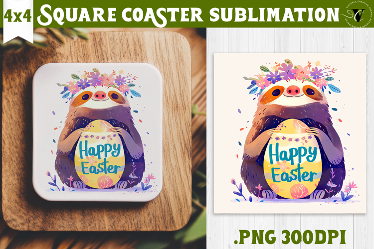 Easter Square Coaster | Watercolor Sloth | Happy Easter