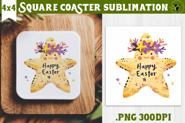 Easter Square Coaster | Watercolor Starfish | Happy Easter