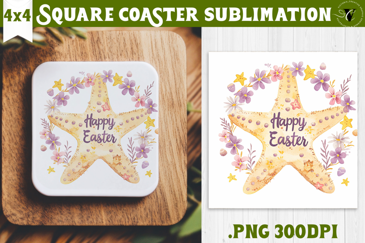 Easter Square Coaster | Watercolor Starfish | Happy Easter