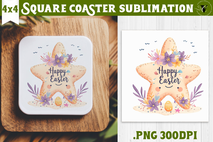 Easter Square Coaster | Watercolor Starfish | Happy Easter